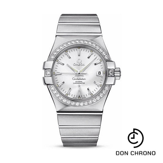 Omega Gents Constellation Chronometer Watch - 35 mm Brushed Steel Case - Diamond Bezel - Silver Dial - 123.15.35.20.02.001