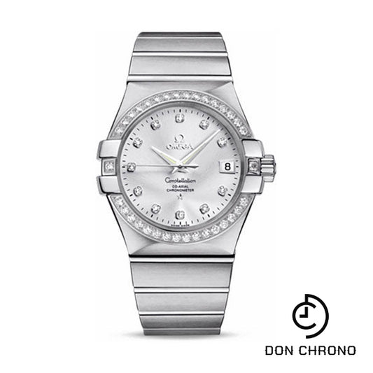 Omega Gents Constellation Chronometer Watch - 35 mm Brushed Steel Case - Diamond Bezel - Silver Diamond Dial - 123.15.35.20.52.001
