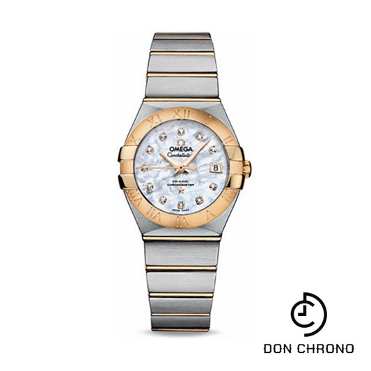 Omega Ladies Constellation Chronometer Watch - 27 mm Brushed Steel And Yellow Gold Case - Mother-Of-Pearl Diamond Dial - 123.20.27.20.55.003