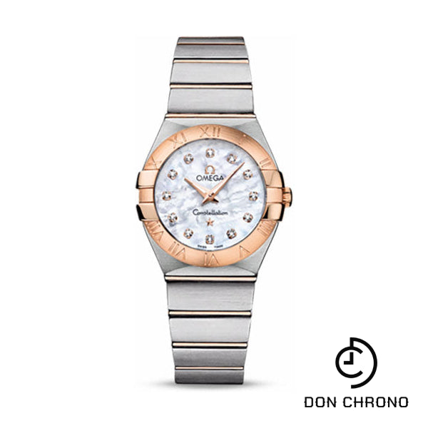 Omega Ladies Constellation Quartz Watch - 27 mm Brushed Steel And Red Gold Case - Mother-Of-Pearl Diamond Dial - 123.20.27.60.55.001