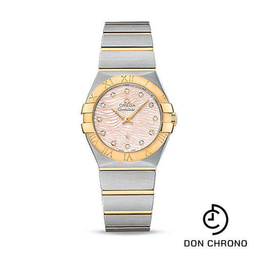 Omega Constellation Quartz Watch - 27 mm Steel Case - 18K Yellow Gold Bezel - Pink Mother-Of-Pearl Diamond Dial - 123.20.27.60.57.005