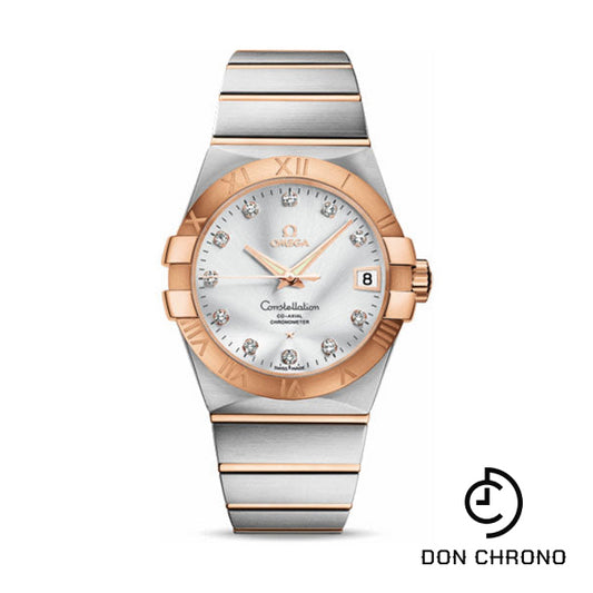 Omega Gents Constellation Chronometer Watch - 38 mm Brushed Steel And Red Gold Case - Silver Diamond Dial - 123.20.38.21.52.001