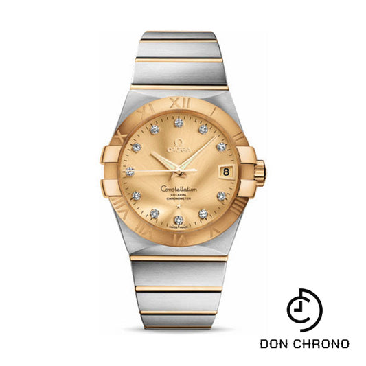 Omega Gents Constellation Chronometer Watch - 38 mm Brushed Steel And Yellow Gold Case - Champagne Diamond Dial - 123.20.38.21.58.001