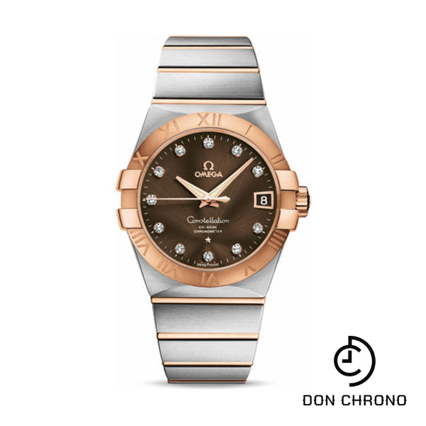 Omega Gents Constellation Chronometer Watch - 38 mm Brushed Steel And Red Gold Case - Brown Diamond Dial - 123.20.38.21.63.001