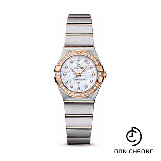 Omega Ladies Constellation Quartz Watch - 24 mm Brushed Steel And Red Gold Case - Diamond Bezel - Mother-Of-Pearl Diamond Dial - 123.25.24.60.55.001