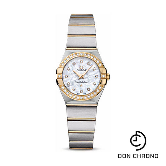 Omega Ladies Constellation Quartz Watch - 24 mm Brushed Steel And Yellow Gold Case - Diamond Bezel - Mother-Of-Pearl Diamond Dial - 123.25.24.60.55.003