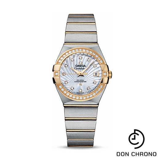 Omega Ladies Constellation Chronometer Watch - 27 mm Brushed Steel And Yellow Gold Case - Diamond Bezel - Mother-Of-Pearl Supernova Diamond Dial - 123.25.27.20.55.002