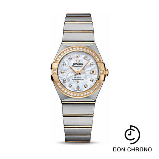 Omega Ladies Constellation Chronometer Watch - 27 mm Brushed Steel And Yellow Gold Case - Diamond Bezel - Mother-Of-Pearl Diamond Dial - 123.25.27.20.55.003