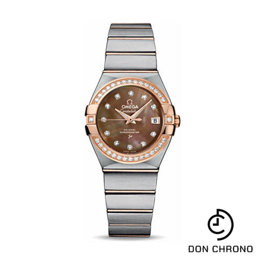 Omega Ladies Constellation Chronometer Watch - 27 mm Brushed Steel And Red Gold Case - Diamond Bezel - Dark Mother-Of-Pearl Diamond Dial - 123.25.27.20.57.001