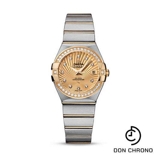 Omega Ladies Constellation Chronometer Watch - 27 mm Brushed Steel And Yellow Gold Case - Diamond Bezel - Champagne Supernova Diamond Dial - 123.25.27.20.58.001