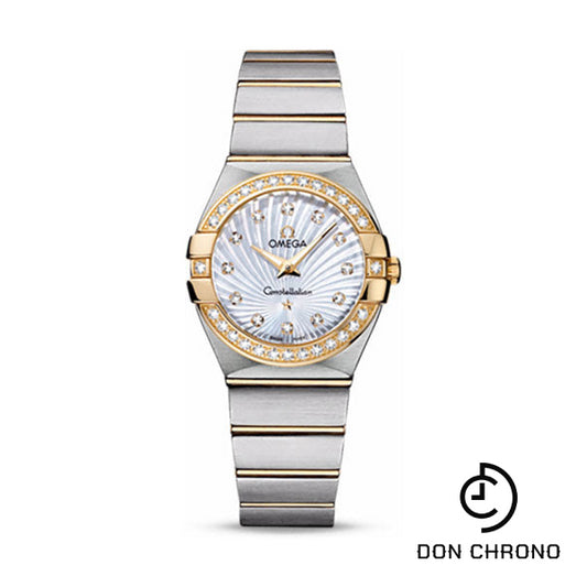 Omega Ladies Constellation Quartz Watch - 27 mm Brushed Steel And Yellow Gold Case - Diamond Bezel - Mother-Of-Pearl Diamond Dial - 123.25.27.60.55.004