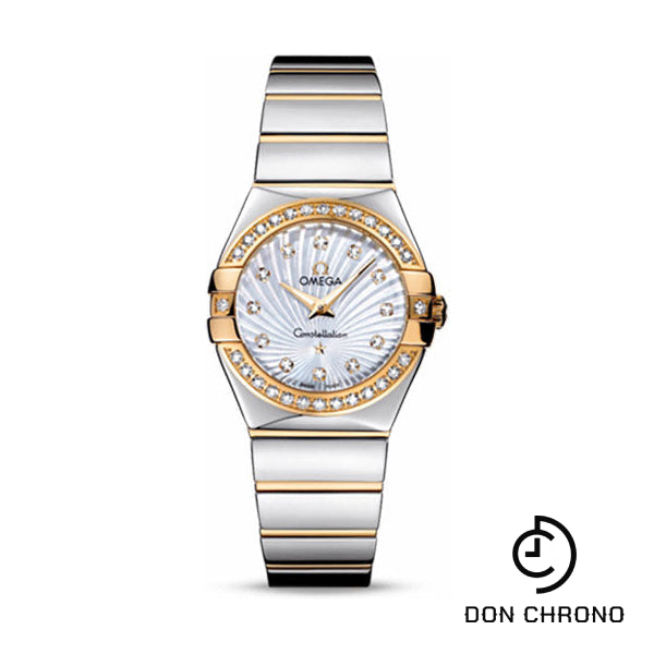 Omega Ladies Constellation Polished Quartz Watch - 27 mm Polished Steel And Yellow Gold Case - Diamond Bezel - Mother-Of-Pearl Diamond Dial - Steel And Yellow Gold Bracelet - 123.25.27.60.55.008