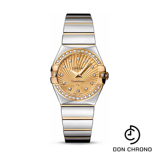 Omega Ladies Constellation Polished Quartz Watch - 27 mm Polished Steel And Yellow Gold Case - Diamond Bezel - Champagne Diamond Dial - Steel And Yellow Gold Bracelet - 123.25.27.60.58.002