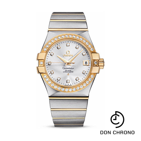 Omega Gents Constellation Chronometer Watch - 35 mm Brushed Steel And Yellow Gold Case - Diamond Bezel - Silver Diamond Dial - 123.25.35.20.52.002