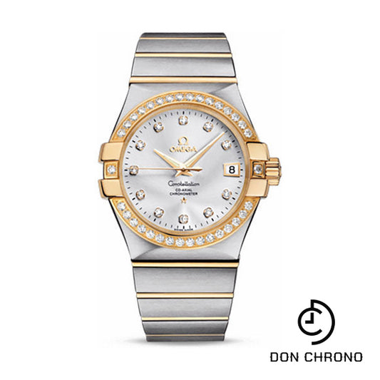 Omega Gents Constellation Chronometer Watch - 35 mm Brushed Steel And Yellow Gold Case - Diamond Bezel - Silver Diamond Dial - 123.25.35.20.52.002
