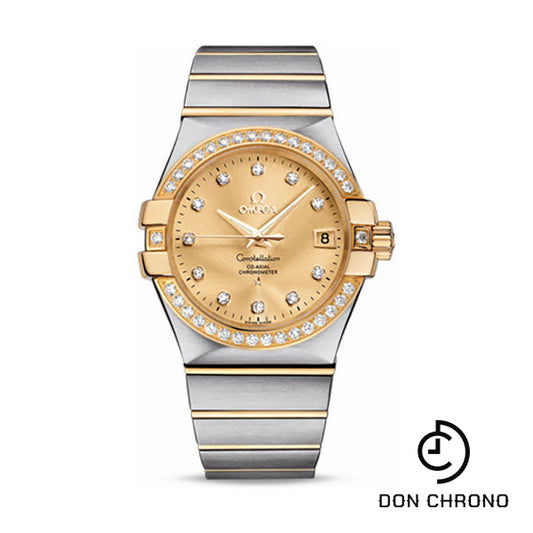 Omega Gents Constellation Chronometer Watch - 35 mm Brushed Steel And Yellow Gold Case - Diamond Bezel - Champagne Diamond Dial - 123.25.35.20.58.001