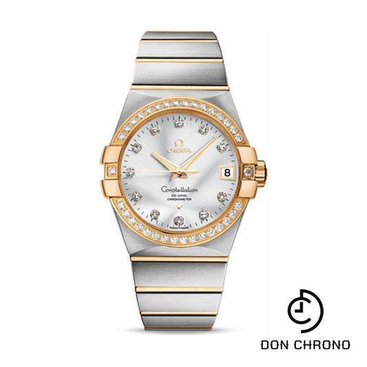 Omega Gents Constellation Chronometer Watch - 38 mm Brushed Steel And Yellow Gold Case - Diamond Bezel - Silver Diamond Dial - 123.25.38.21.52.002