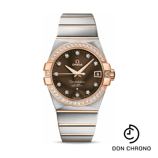 Omega Gents Constellation Chronometer Watch - 38 mm Brushed Steel And Red Gold Case - Diamond Bezel - Brown Diamond Dial - 123.25.38.21.63.001