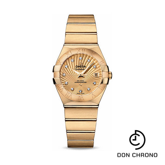 Omega Ladies Constellation Chronometer Watch - 27 mm Brushed Yellow Gold Case - Champagne Supernova Diamond Dial - 123.50.27.20.58.001