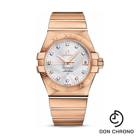 Omega Gents Constellation Chronometer Watch - 35 mm Brushed Red Gold Case - Silver Diamond Dial - 123.50.35.20.52.001