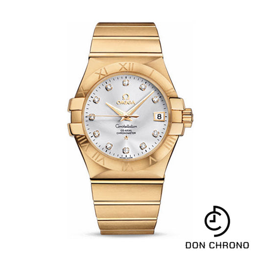Omega Gents Constellation Chronometer Watch - 35 mm Brushed Yellow Gold Case - Silver Diamond Dial - 123.50.35.20.52.002