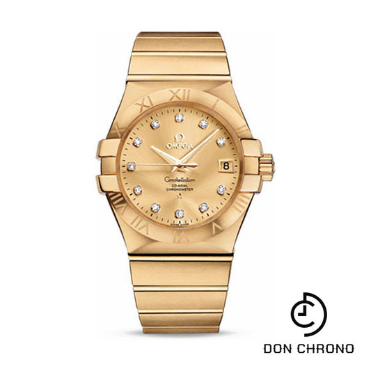 Omega Gents Constellation Chronometer Watch - 35 mm Brushed Yellow Gold Case - Champagne Diamond Dial - 123.50.35.20.58.001