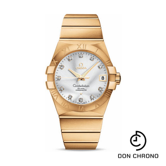 Omega Gents Constellation Chronometer Watch - 38 mm Brushed Yellow Gold Case - Silver Diamond Dial - 123.50.38.21.52.002