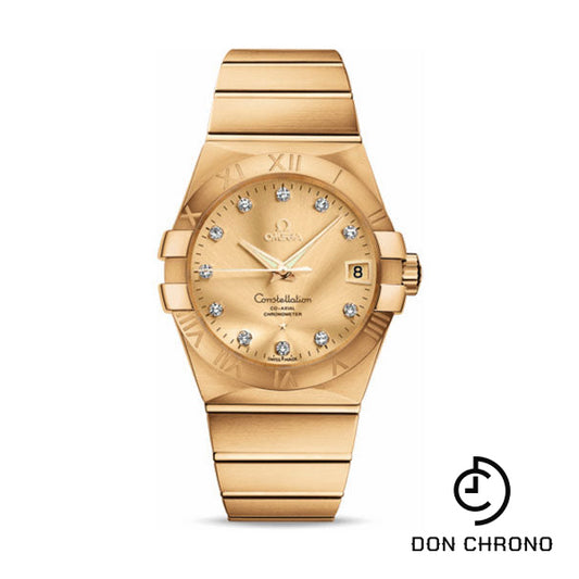 Omega Gents Constellation Chronometer Watch - 38 mm Brushed Yellow Gold Case - Champagne Diamond Dial - 123.50.38.21.58.001