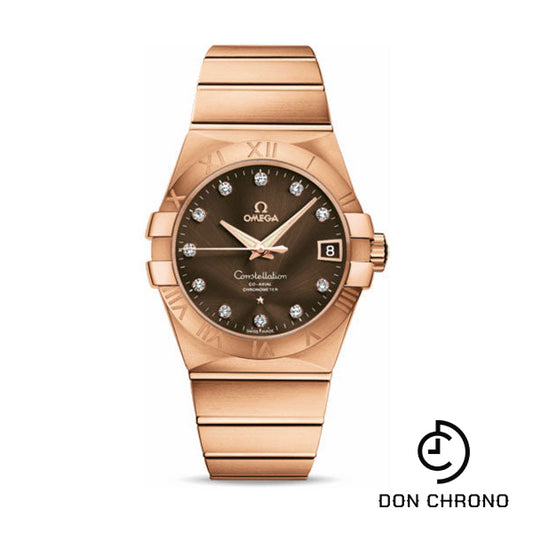 Omega Gents Constellation Chronometer Watch - 38 mm Brushed Red Gold Case - Brown Diamond Dial - 123.50.38.21.63.001