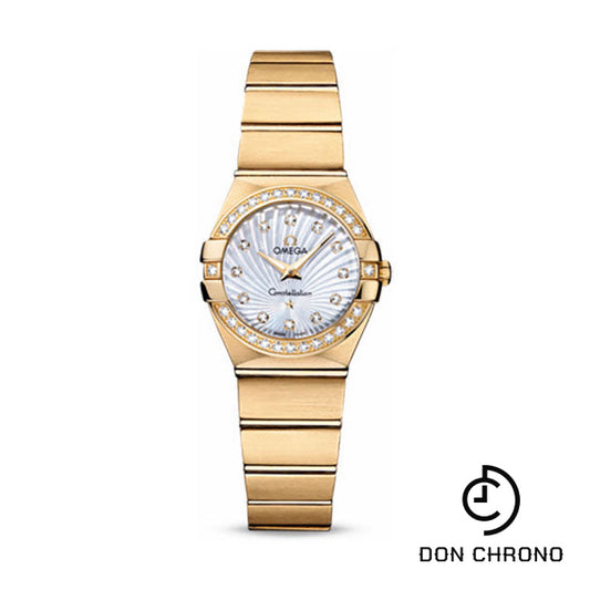 Omega Ladies Constellation Quartz Watch - 24 mm Brushed Yellow Gold Case - Diamond Bezel - Mother-Of-Pearl Diamond Dial - 123.55.24.60.55.003