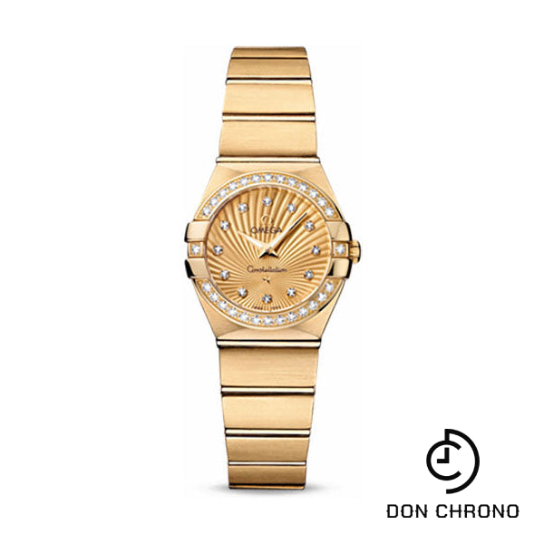 Omega Ladies Constellation Quartz Watch - 24 mm Brushed Yellow Gold Case - Diamond Bezel - Champagne Diamond Dial - 123.55.24.60.58.001