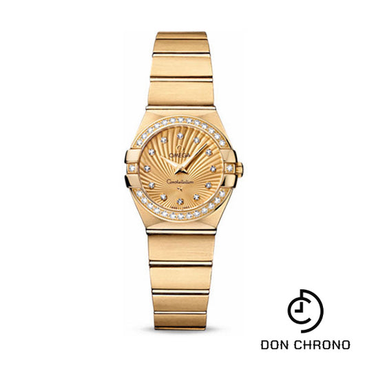 Omega Ladies Constellation Quartz Watch - 24 mm Brushed Yellow Gold Case - Diamond Bezel - Champagne Diamond Dial - 123.55.24.60.58.001