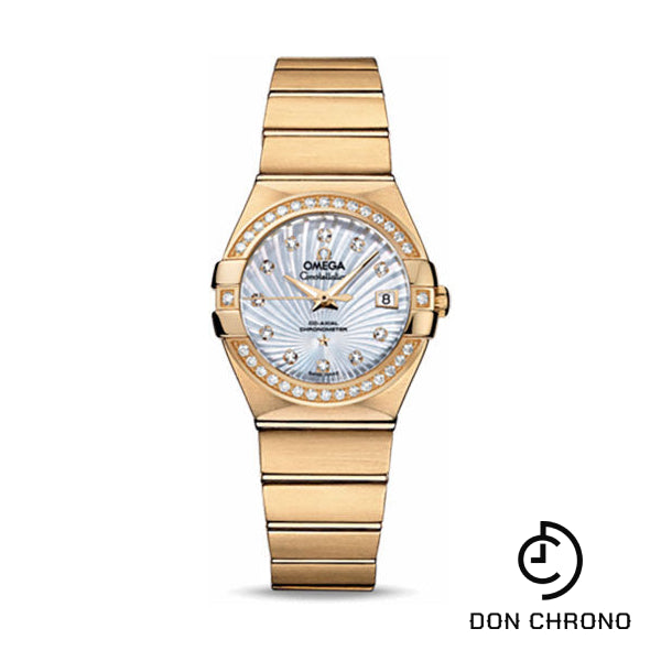 Omega Ladies Constellation Chronometer Watch - 27 mm Brushed Yellow Gold Case - Diamond Bezel - Mother-Of-Pearl Supernova Diamond Dial - 123.55.27.20.55.002