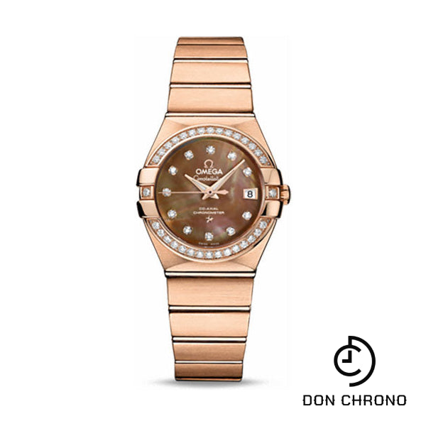 Omega Ladies Constellation Chronometer Watch - 27 mm Brushed Red Gold Case - Diamond Bezel - Dark Mother-Of-Pearl Diamond Dial - 123.55.27.20.57.001