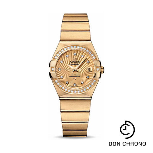 Omega Ladies Constellation Chronometer Watch - 27 mm Brushed Yellow Gold Case - Diamond Bezel - Champagne Supernova Diamond Dial - 123.55.27.20.58.001