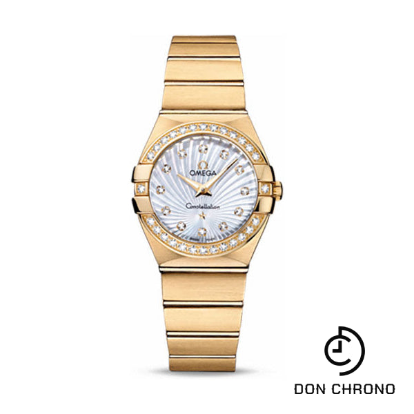 Omega Ladies Constellation Quartz Watch - 27 mm Brushed Yellow Gold Case - Diamond Bezel - Mother-Of-Pearl Diamond Dial - 123.55.27.60.55.003