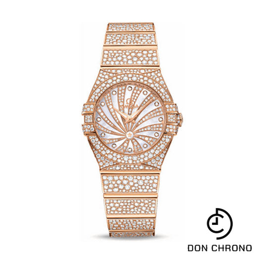 Omega Ladies Constellation Luxury Edition Watch - 27 mm Red Gold Case - Snow-Set Diamond Bezel - Mother-Of-Pearl Diamond Dial - 123.55.27.60.55.009
