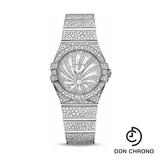 Omega Ladies Constellation Luxury Edition Watch - 27 mm White Gold Case - Snow-Set Diamond Bezel - Mother-Of-Pearl Diamond Dial - 123.55.27.60.55.010