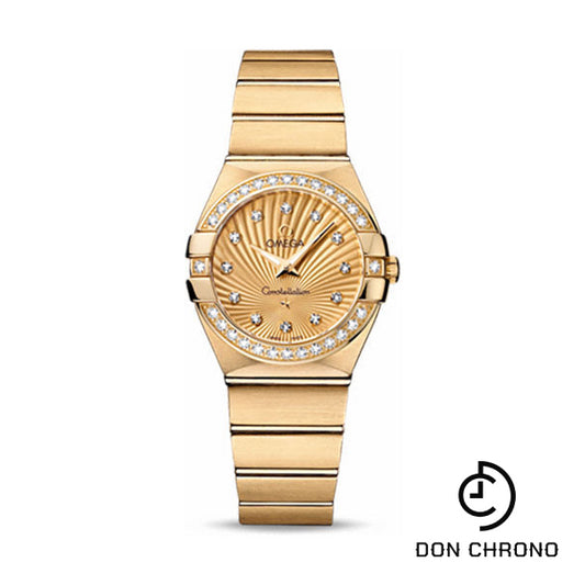 Omega Ladies Constellation Quartz Watch - 27 mm Brushed Yellow Gold Case - Diamond Bezel - Champagne Diamond Dial - 123.55.27.60.58.001