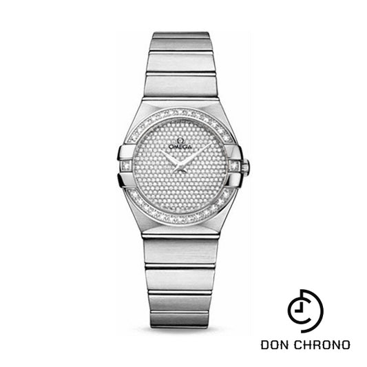 Omega Ladies Constellation Quartz Watch - 27 mm Brushed White Gold Case - Diamond Bezel - Diamond Paved Dial - 123.55.27.60.99.001