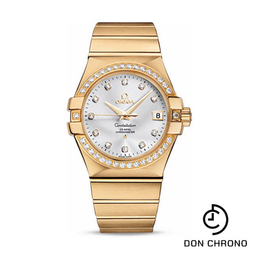 Omega Gents Constellation Chronometer Watch - 35 mm Brushed Yellow Gold Case - Diamond Bezel - Silver Diamond Dial - 123.55.35.20.52.002