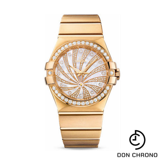 Omega Ladies Constellation Luxury Edition Watch - 35 mm Brushed Yellow Gold Case - Diamond Bezel - Mother-Of-Pearl Diamond Dial - 123.55.35.20.55.001