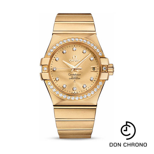 Omega Gents Constellation Chronometer Watch - 35 mm Brushed Yellow Gold Case - Diamond Bezel - Champagne Diamond Dial - 123.55.35.20.58.001