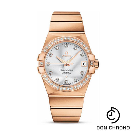 Omega Gents Constellation Chronometer Watch - 38 mm Brushed Red Gold Case - Diamond Bezel - Silver Diamond Dial - 123.55.38.21.52.001