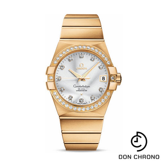 Omega Gents Constellation Chronometer Watch - 38 mm Brushed Yellow Gold Case - Diamond Bezel - Silver Diamond Dial - 123.55.38.21.52.002