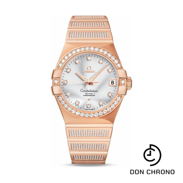 Omega Constellation Jewellery Luxury Edition Chronometer Watch - 38 mm Brushed Red Gold Case - Diamond Bezel - Silver Diamond Dial - 123.55.38.21.52.005