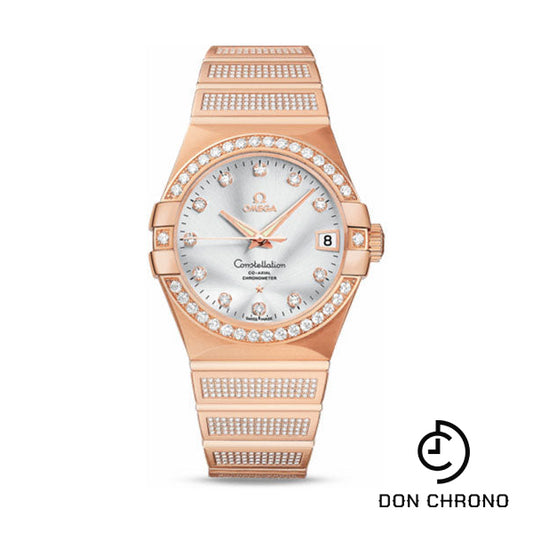 Omega Constellation Jewellery Luxury Edition Chronometer Watch - 38 mm Brushed Red Gold Case - Diamond Bezel - Silver Diamond Dial - 123.55.38.21.52.005