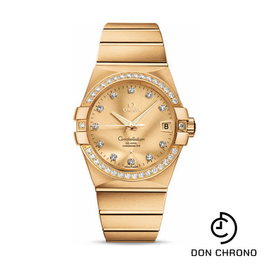 Omega Gents Constellation Chronometer Watch - 38 mm Brushed Yellow Gold Case - Diamond Bezel - Champagne Diamond Dial - 123.55.38.21.58.001