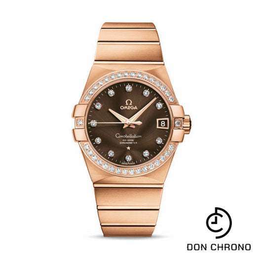 Omega Gents Constellation Chronometer Watch - 38 mm Brushed Red Gold Case - Diamond Bezel - Brown Diamond Dial - 123.55.38.21.63.001