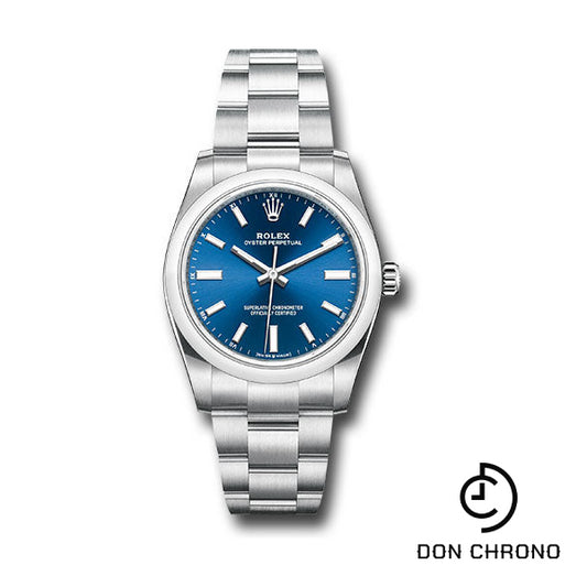 Rolex Oyster Perpetual 34 Watch - Domed Bezel - Blue Index Dial - Oyster Bracelet - 124200 bluio